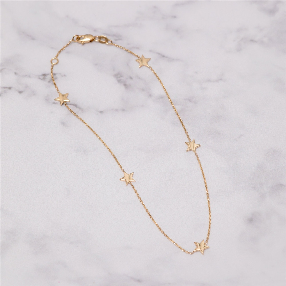 Goldstore-14k 18k Solid Gold 2 3 4 5 Star Anklet, Celestial Dainty Stars Anklet, Station 14k Gold Star Anklet Yellow Rose and White Gold Gift for Her