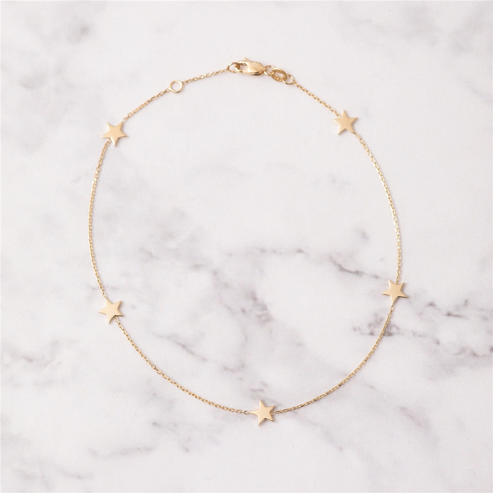 Goldstore-14k 18k Solid Gold 2 3 4 5 Star Anklet, Celestial Dainty Stars Anklet, Station 14k Gold Star Anklet Yellow Rose and White Gold Gift for Her