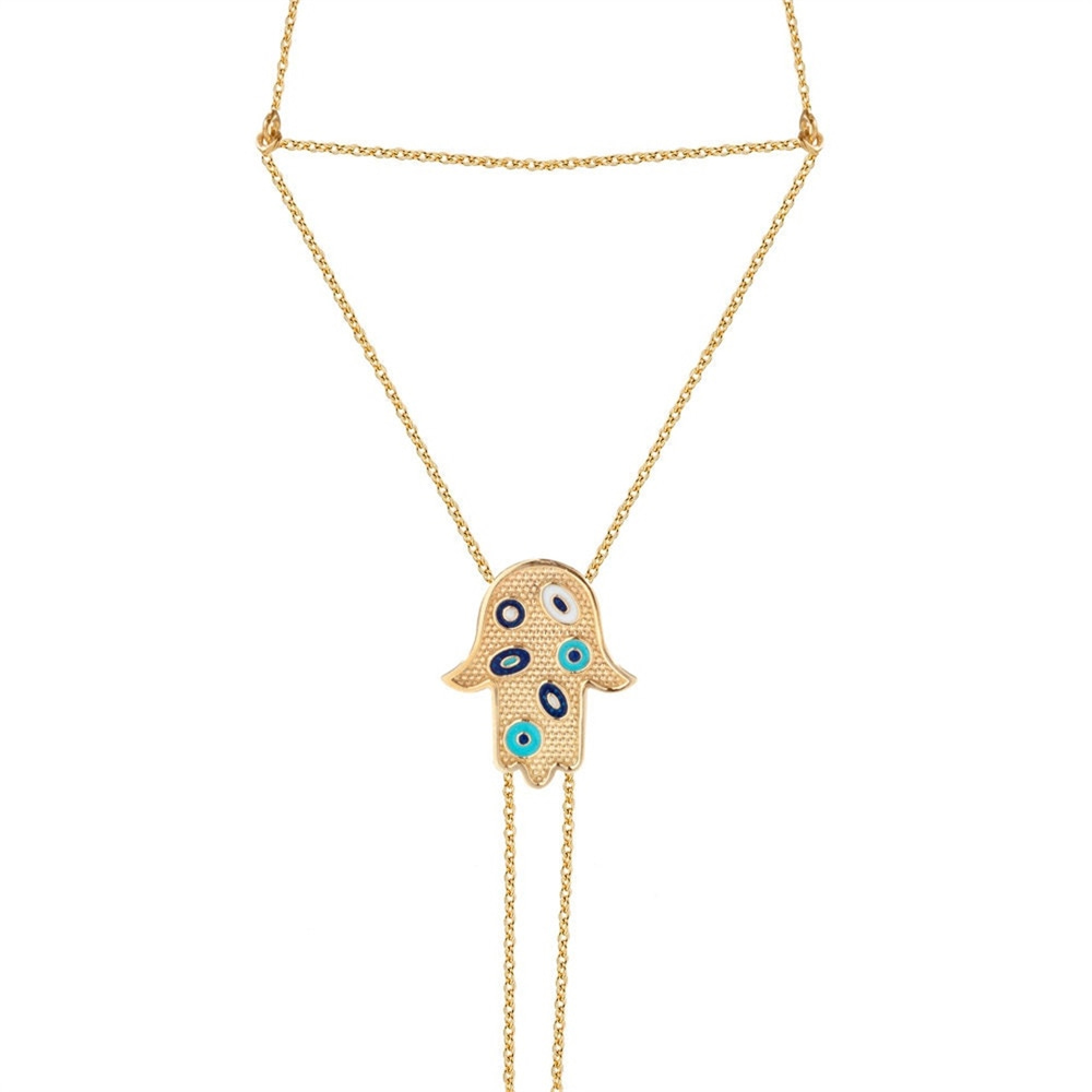 Goldstore-14k 18k Solid Gold 2 Sided Hamsa Enamel Eye Ring Bracelet, Fatima Hand Chain Slave Bracelet, Hamsa Palm Bracelet, Hamsa Palm Hand Bracelet.