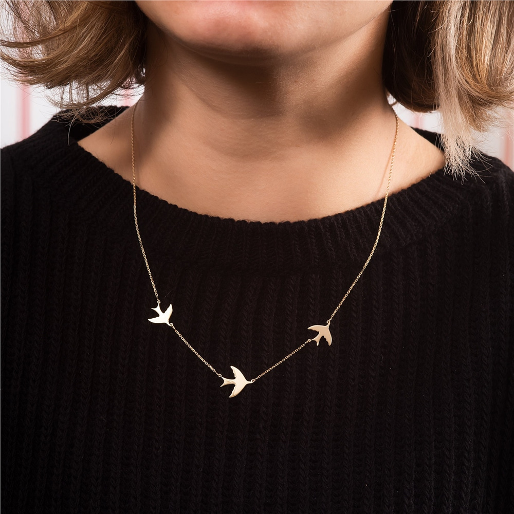 Goldstore-14K 18K Solid Gold 3 or 5 Swallows Necklace, Dainty Gold 3 5 Flying Sparrow Birds Charm Elegant Dainty Necklace is a Great Gift For, For Mom