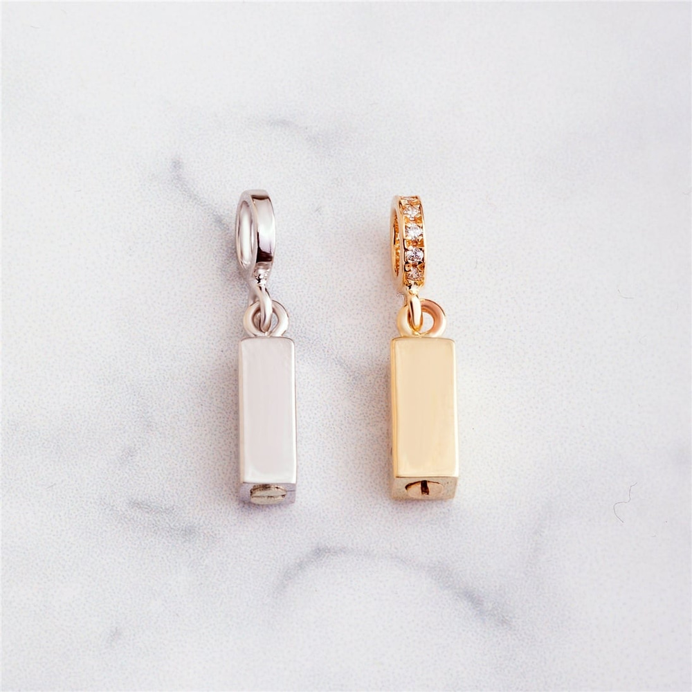 Goldstore-14k 18k Solid Gold 4 Side Bar Urn Pendant For Necklace or Bracelet, Custom Initial Engraved Cremation Ash Charm Compatible European Bracelet