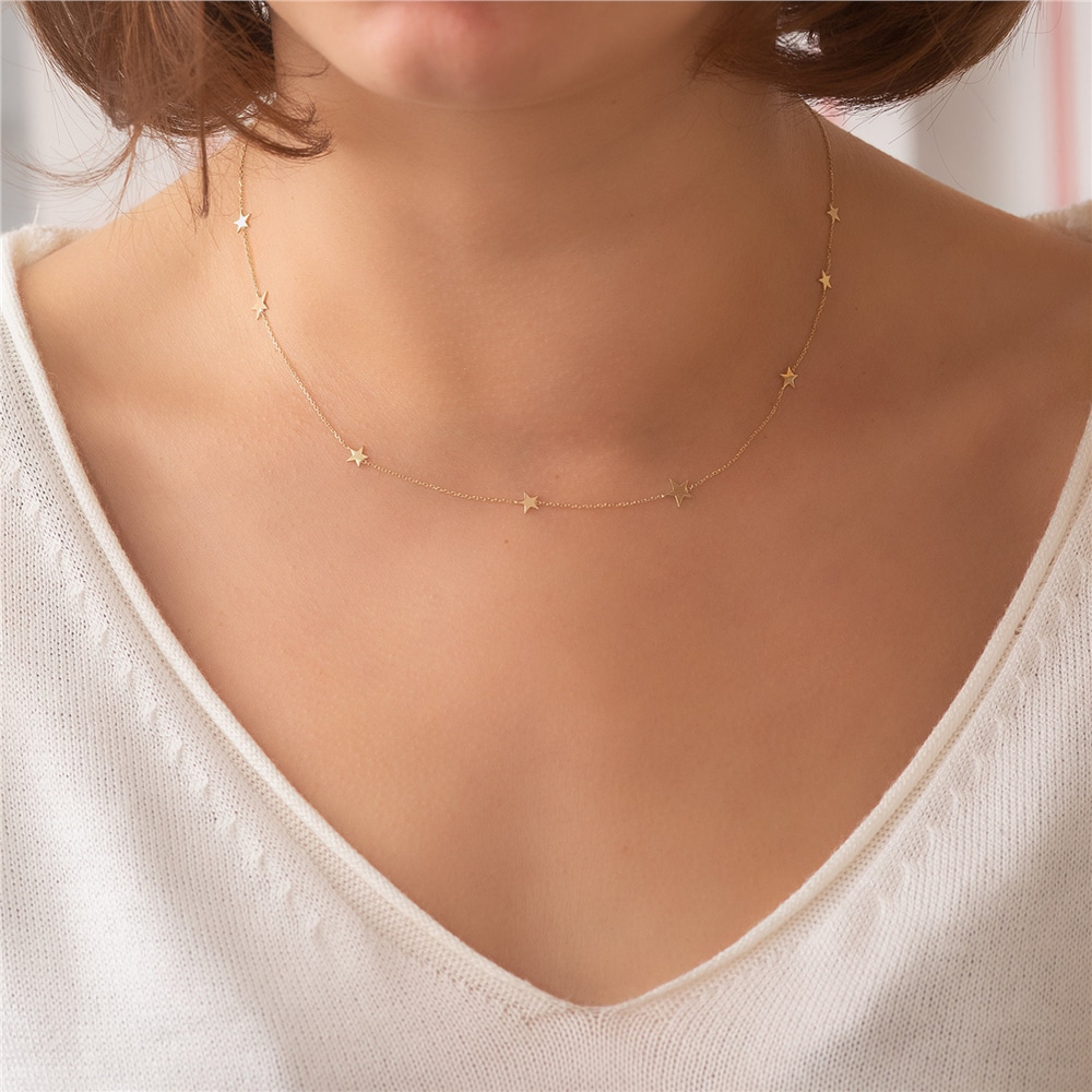 Goldstore-14k 18k Solid Gold 8 Mini Star Necklace, Random Spaced Dainty Star Necklace, Star Station Yellow White or Rose Gold Necklace is Gift For Her