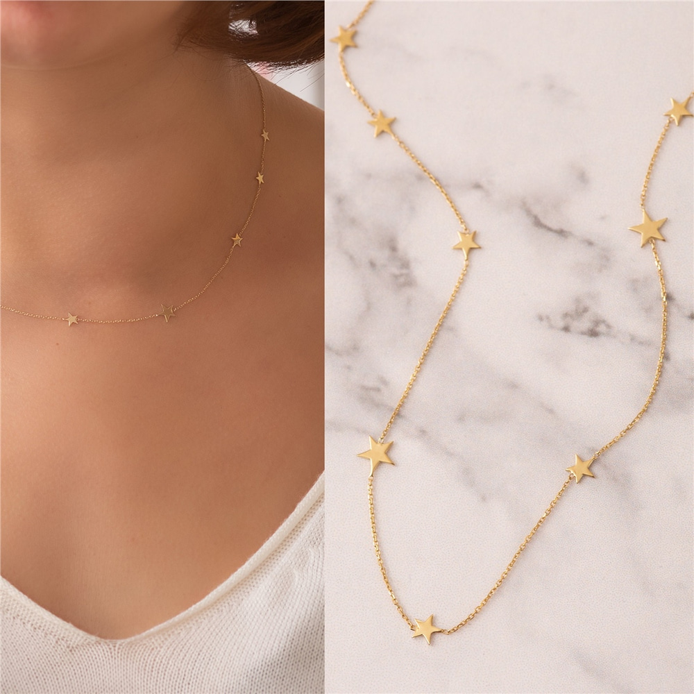 Goldstore-14k 18k Solid Gold 8 Mini Star Necklace, Random Spaced Dainty Star Necklace, Star Station Yellow White or Rose Gold Necklace is Gift For Her