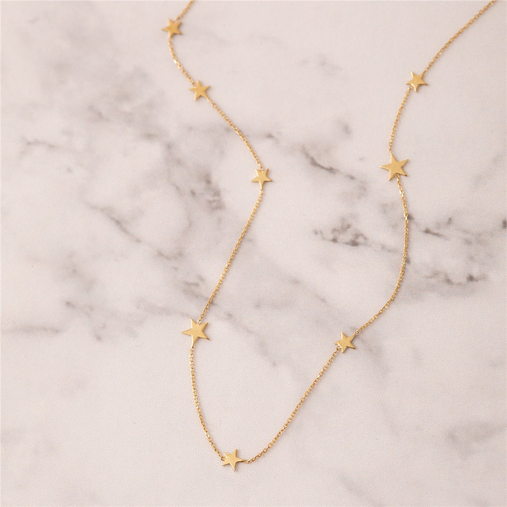 Goldstore-14k 18k Solid Gold 8 Mini Star Necklace, Random Spaced Dainty Star Necklace, Star Station Yellow White or Rose Gold Necklace is Gift For Her