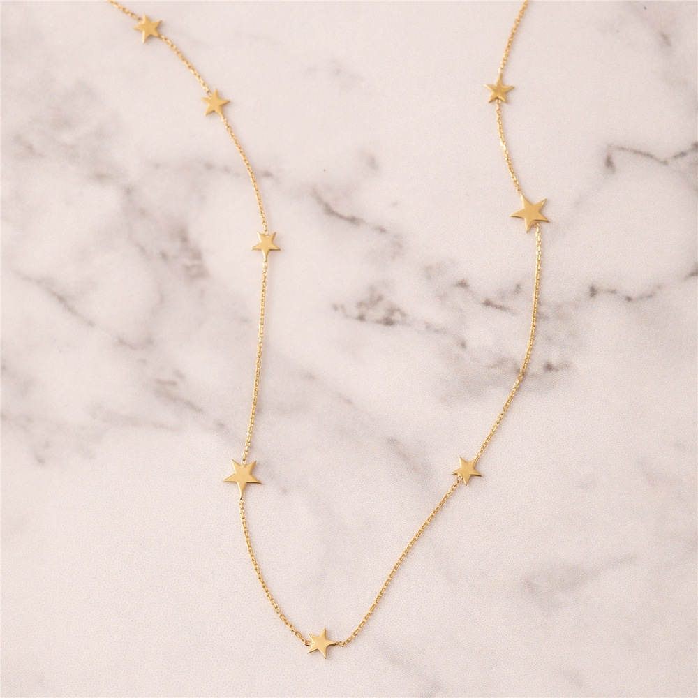 Goldstore-14k 18k Solid Gold 8 Mini Star Necklace, Random Spaced Dainty Star Necklace, Star Station Yellow White or Rose Gold Necklace is Gift For Her