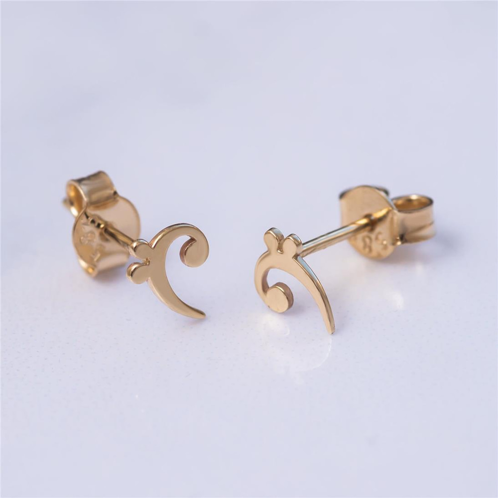 Goldstore-14K 18K Solid Gold Bass Clef Note Earrings, Bass Clef Stud Earring Real Gold, Dainty Stud Earring Gift for Her, Women, Daughter, Mother