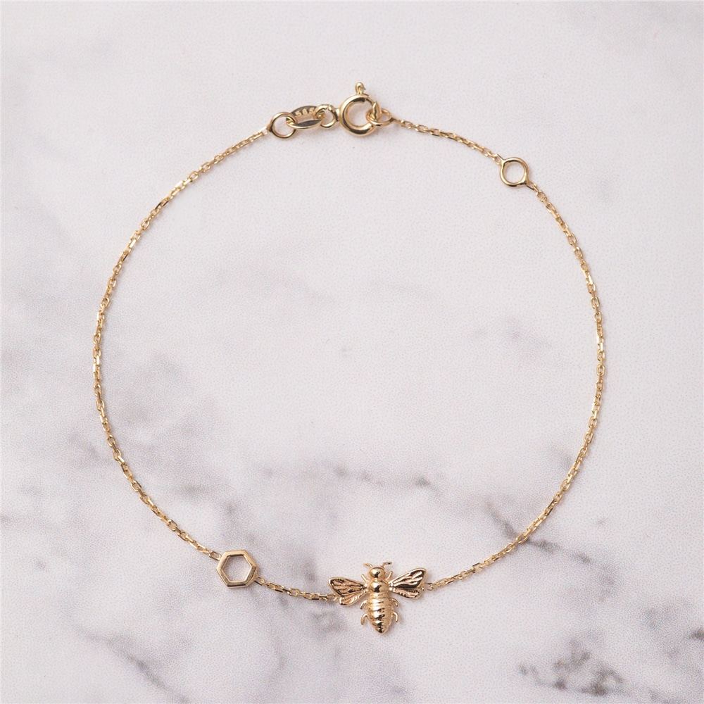 Goldstore-14K 18K Solid Gold Bee Bracelet With Honeycomb, Dainty Bumblebee Bracelet with Hexagon, Honey Bee Comb Bracelet, Cute Gift for Valentine
