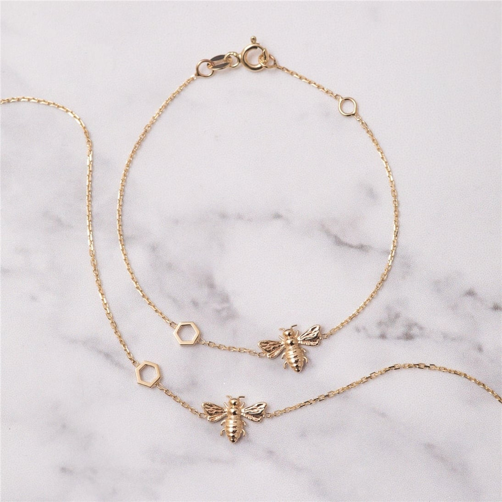 Goldstore-14K 18K Solid Gold Bee Bracelet With Honeycomb, Dainty Bumblebee Bracelet with Hexagon, Honey Bee Comb Bracelet, Cute Gift for Valentine