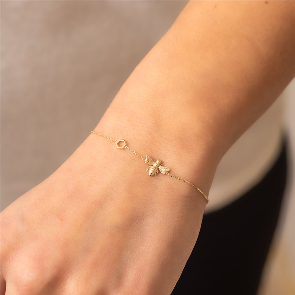 Goldstore-14K 18K Solid Gold Bee Bracelet With Honeycomb, Dainty Bumblebee Bracelet with Hexagon, Honey Bee Comb Bracelet, Cute Gift for Valentine