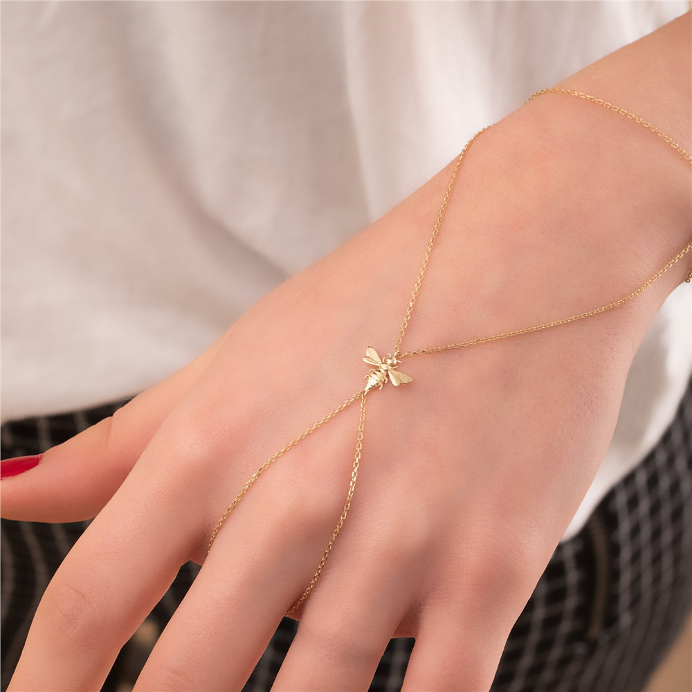 Goldstore-14K 18K Solid Gold Bee Sahmaran Bracelet, Dainty Gold Ring Bracelet, Fancy Baciamano, Wasp Hand Finger Chain Bracelet is Great Gift For Her