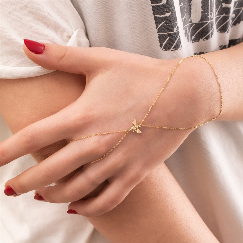 Goldstore-14K 18K Solid Gold Bee Sahmaran Bracelet, Dainty Gold Ring Bracelet, Fancy Baciamano, Wasp Hand Finger Chain Bracelet is Great Gift For Her