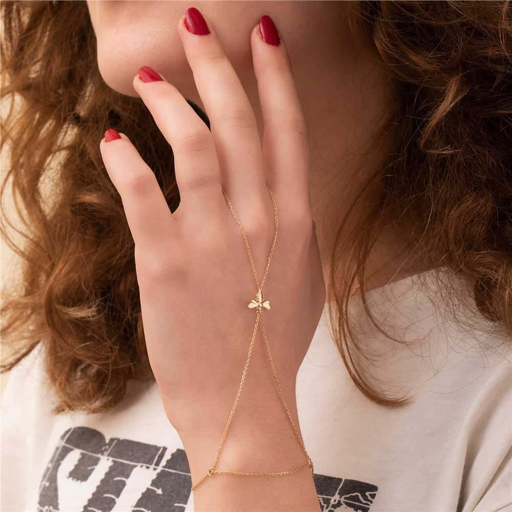 Goldstore-14K 18K Solid Gold Bee Sahmaran Bracelet, Dainty Gold Ring Bracelet, Fancy Baciamano, Wasp Hand Finger Chain Bracelet is Great Gift For Her