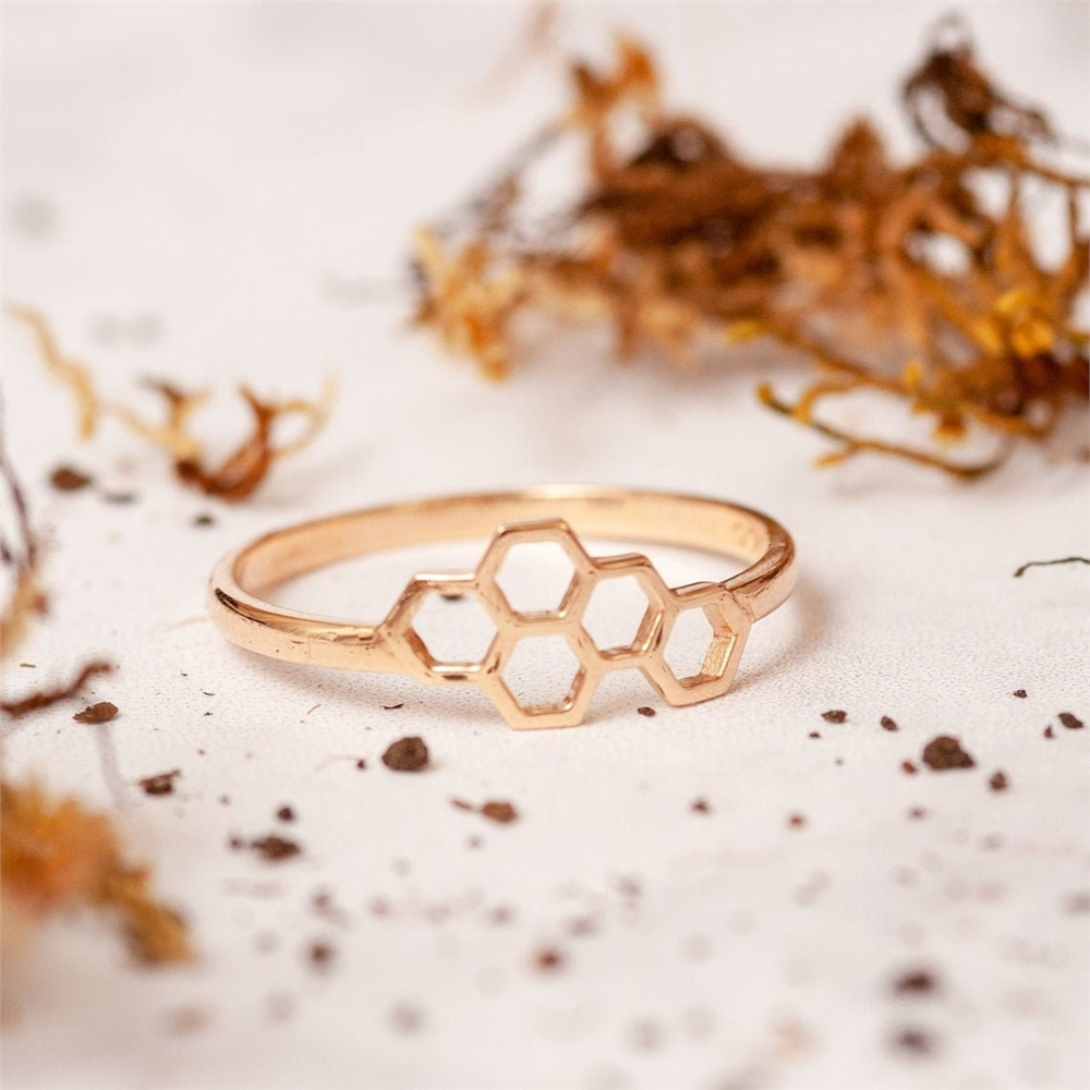 Goldstore-14k 18k Solid Gold Bee Stacking Ring, Honey Bee Engagement Real Gold Ring, Honeycomb & Bee Ring Set, Bumble Bee Rose Gold Ring is a Gift For
