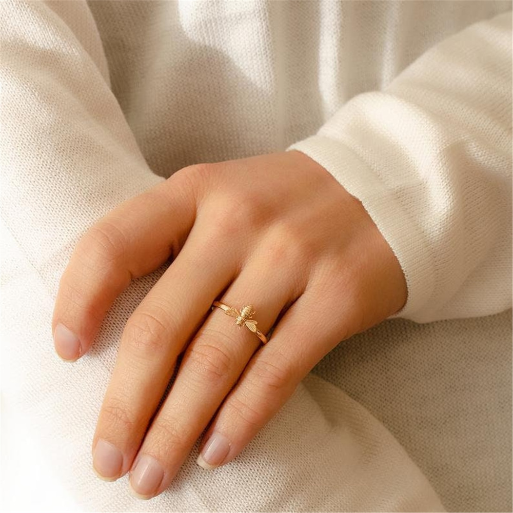 Goldstore-14k 18k Solid Gold Bee Stacking Ring, Honey Bee Engagement Real Gold Ring, Honeycomb & Bee Ring Set, Bumble Bee Rose Gold Ring is a Gift For