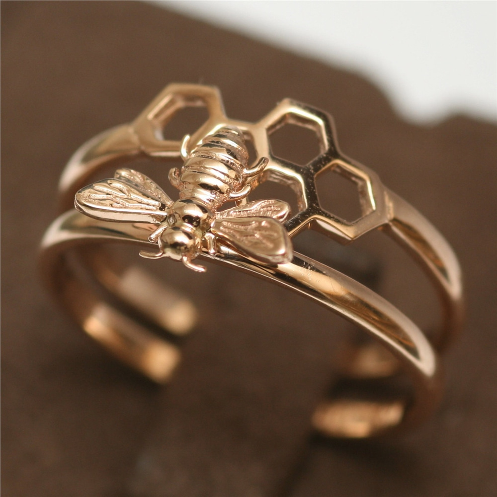 Goldstore-14k 18k Solid Gold Bee Stacking Ring, Honey Bee Engagement Real Gold Ring, Honeycomb & Bee Ring Set, Bumble Bee Rose Gold Ring is a Gift For