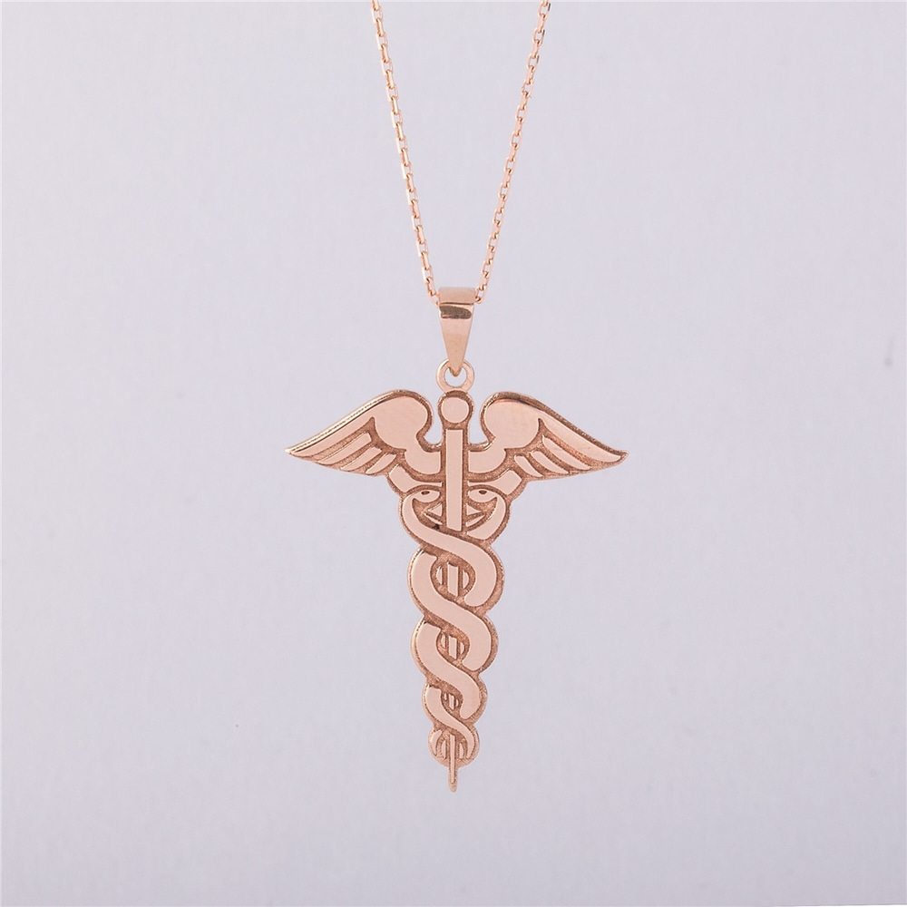 Goldstore-14K 18K Solid Gold Caduceus Necklace, Caduceus Symbol of Medicine Pendant, Medical Staff Jewlery, Nurse Necklaces, Gift For Her