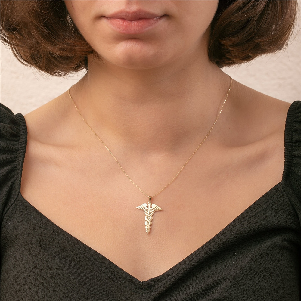 Goldstore-14K 18K Solid Gold Caduceus Necklace, Caduceus Symbol of Medicine Pendant, Medical Staff Jewlery, Nurse Necklaces, Gift For Her