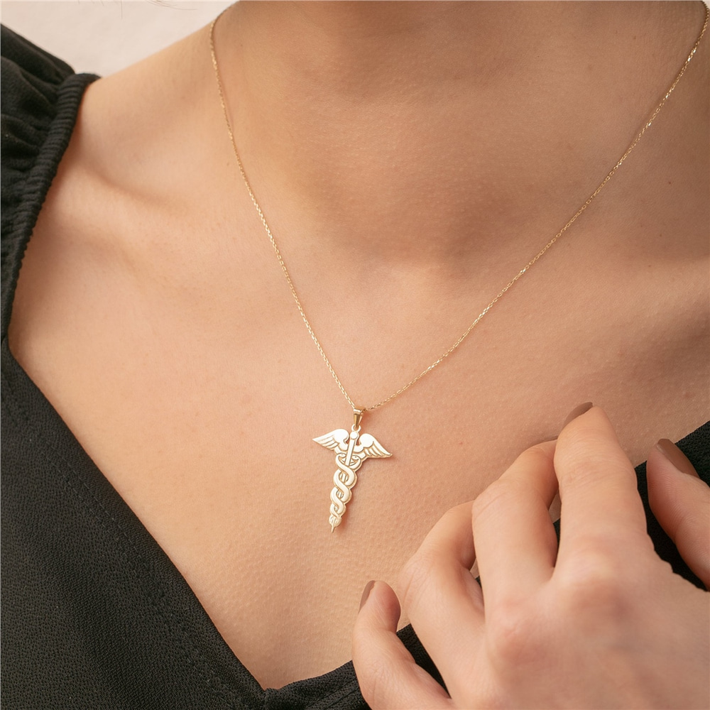 Goldstore-14K 18K Solid Gold Caduceus Necklace, Caduceus Symbol of Medicine Pendant, Medical Staff Jewlery, Nurse Necklaces, Gift For Her