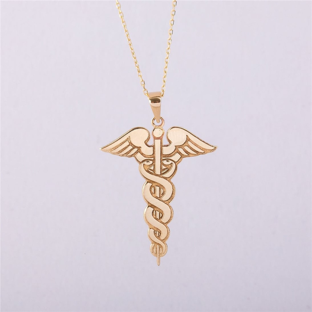 Goldstore-14K 18K Solid Gold Caduceus Necklace, Caduceus Symbol of Medicine Pendant, Medical Staff Jewlery, Nurse Necklaces, Gift For Her