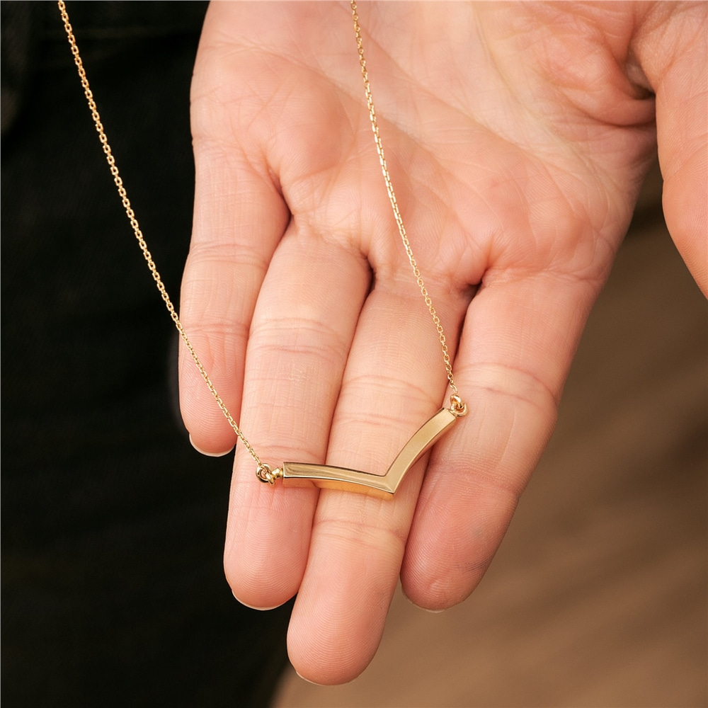 Goldstore-14k 18k Solid Gold Cremation Double Urn V Shape Necklace, Memorial Custom Necklace, Triangle Chevron Necklace, Geometric V Shaped Necklace