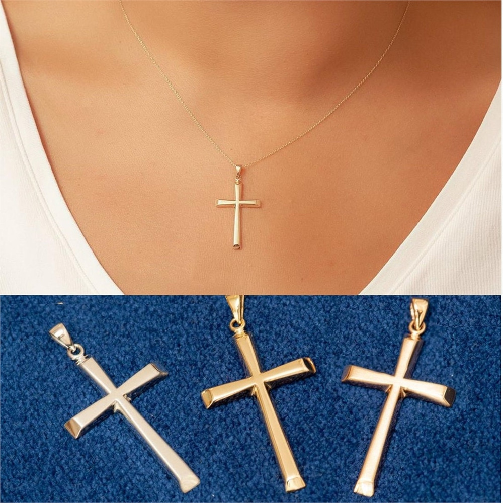 Goldstore-14K 18k Solid Gold Cross Necklace, Elegant Cross Gold Pendant, Yellow Rose White Real Gold Cross Pendant Necklace Gift For