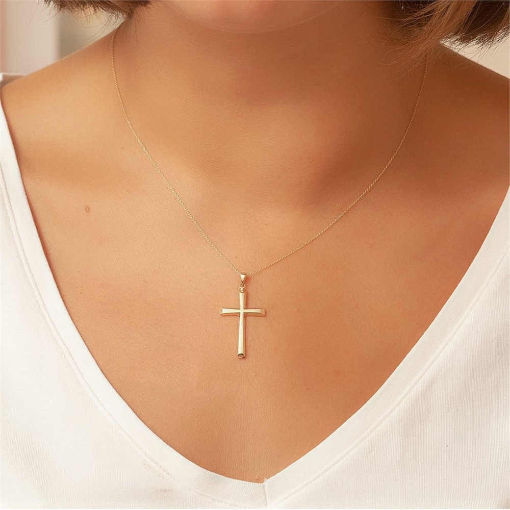 Goldstore-14K 18k Solid Gold Cross Necklace, Elegant Cross Gold Pendant, Yellow Rose White Real Gold Cross Pendant Necklace Gift For