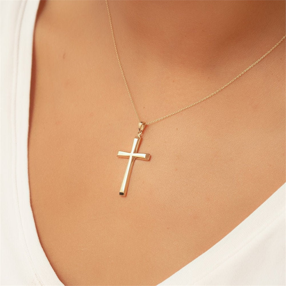 Goldstore-14K 18k Solid Gold Cross Necklace, Elegant Cross Gold Pendant, Yellow Rose White Real Gold Cross Pendant Necklace Gift For