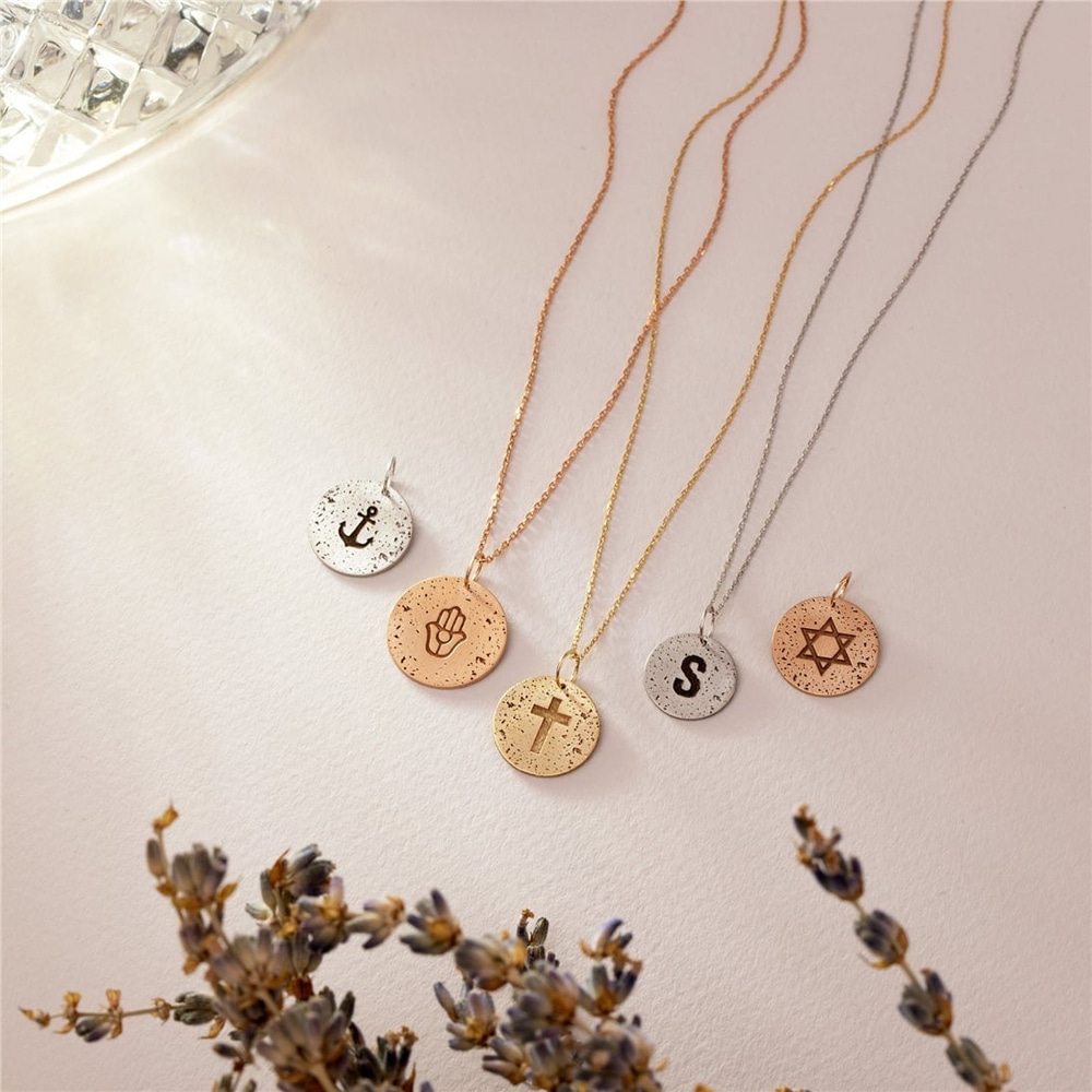 Goldstore-14K 18K Solid Gold Custom Aged Disc Necklace, Minimal Aged Initial & Symbol Disc Pendant, Vintage-Retro Look Handmade Jewelry, Gift For Her