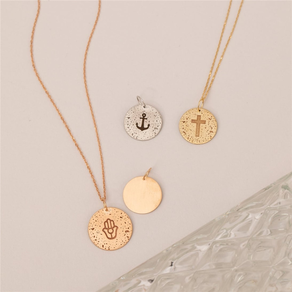 Goldstore-14K 18K Solid Gold Custom Aged Disc Necklace, Minimal Aged Initial & Symbol Disc Pendant, Vintage-Retro Look Handmade Jewelry, Gift For Her