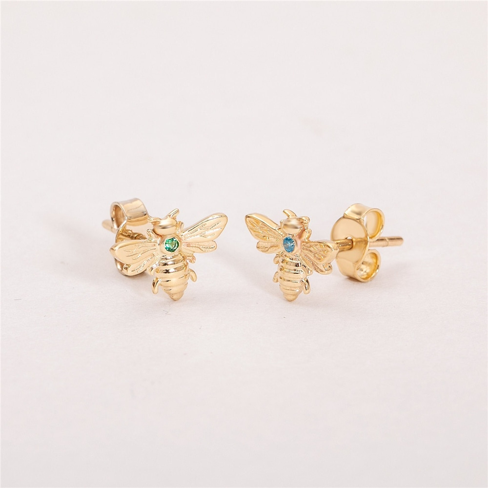 Goldstore-14k 18K Solid Gold Custom Birthstone Bee Studs Earrings, Cute Honeybee Earrings, Tiny Personalized Everyday Jewelry, Christmas Gift For Her