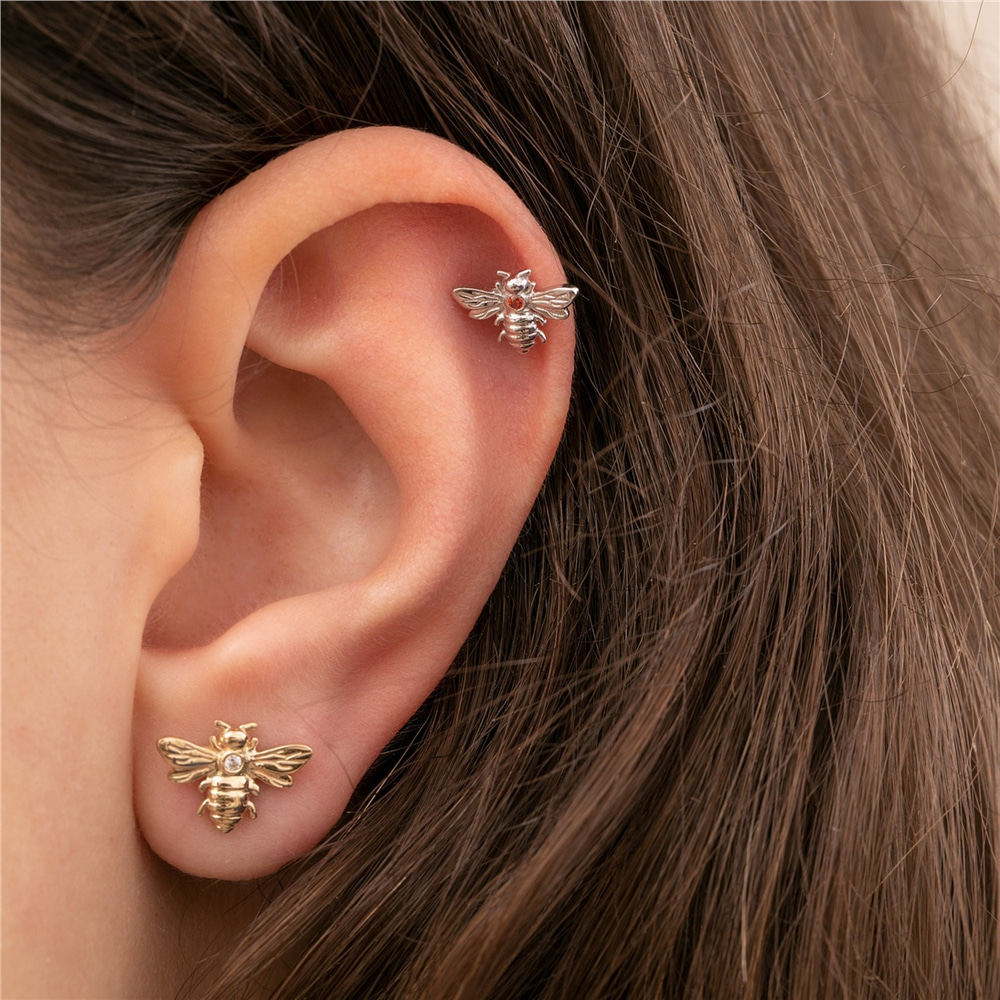 Goldstore-14k 18K Solid Gold Custom Birthstone Bee Studs Earrings, Cute Honeybee Earrings, Tiny Personalized Everyday Jewelry, Christmas Gift For Her
