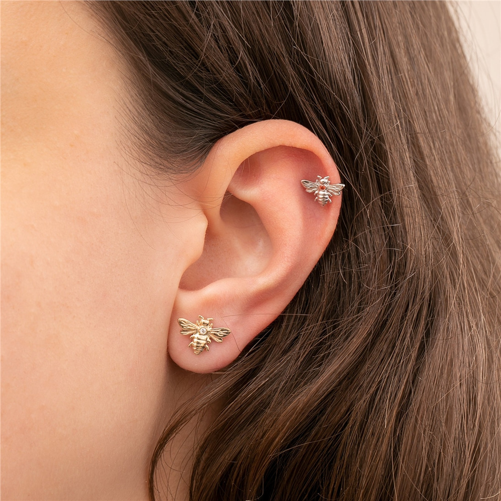 Goldstore-14k 18K Solid Gold Custom Birthstone Bee Studs Earrings, Cute Honeybee Earrings, Tiny Personalized Everyday Jewelry, Christmas Gift For Her