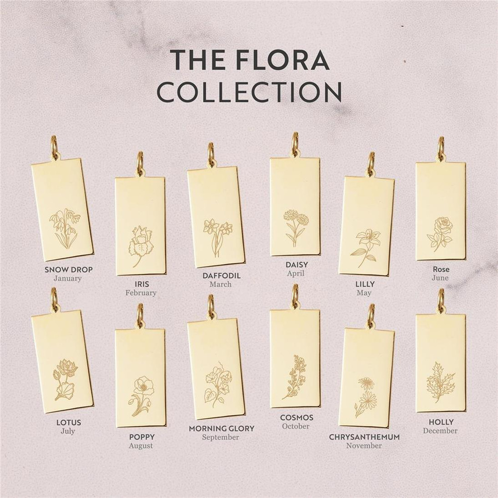 Goldstore-Birth Flower Rectangle Tag Necklace