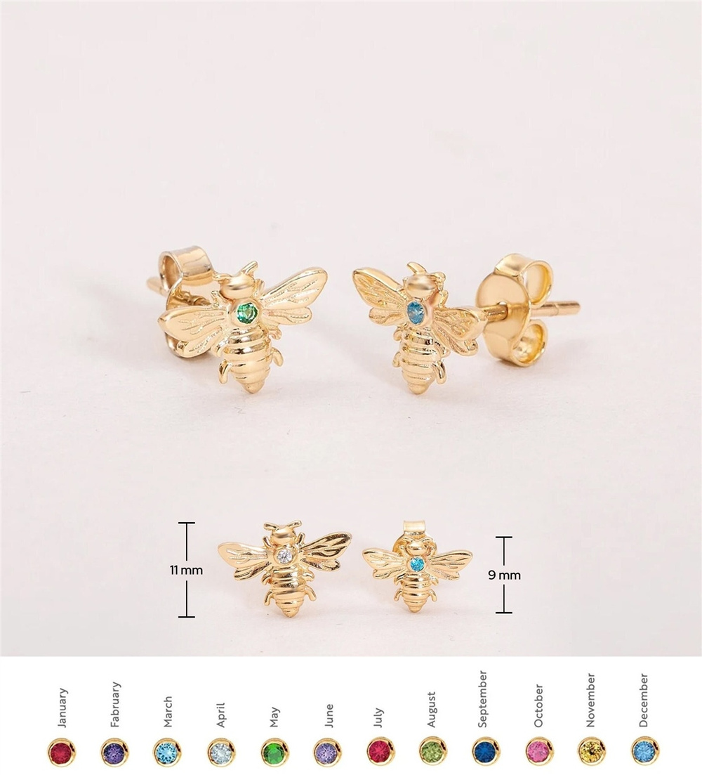 Goldstore-14k 18K Solid Gold Custom Birthstone Bee Studs Earrings, Cute Honeybee Earrings, Tiny Personalized Everyday Jewelry, Christmas Gift For Her