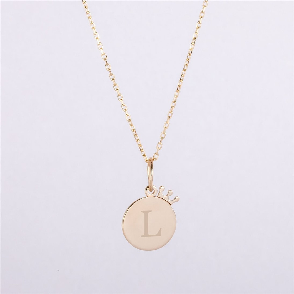 Goldstore-14K 18K Solid Gold Custom Crown Disc Necklace, Personalized Queen & King Crown Disc Pendant, Tiny Cute Crown Charm, Engravable Disc Necklace