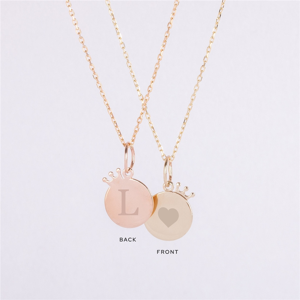 Goldstore-14K 18K Solid Gold Custom Crown Disc Necklace, Personalized Queen & King Crown Disc Pendant, Tiny Cute Crown Charm, Engravable Disc Necklace