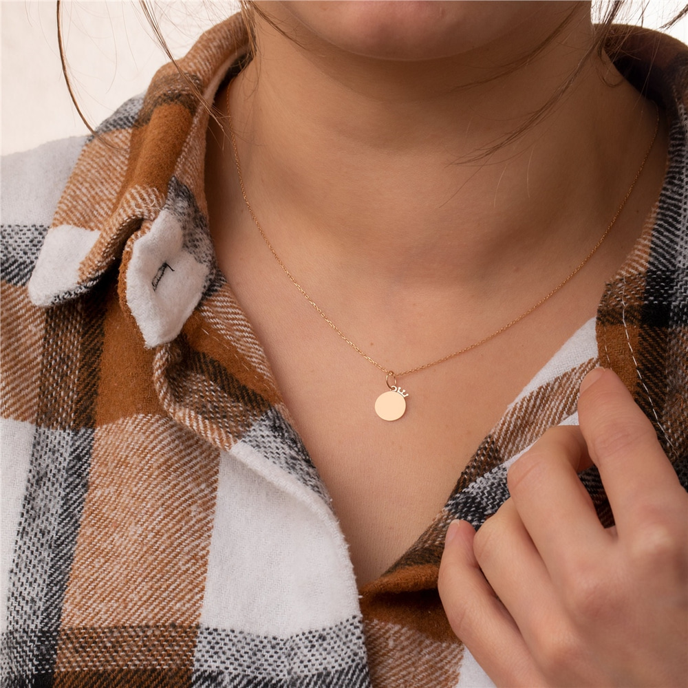 Goldstore-14K 18K Solid Gold Custom Crown Disc Necklace, Personalized Queen & King Crown Disc Pendant, Tiny Cute Crown Charm, Engravable Disc Necklace