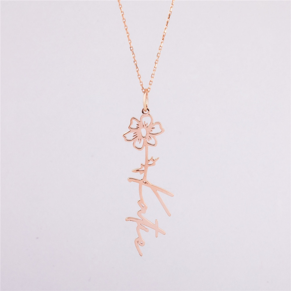 Goldstore-14K 18K Solid Gold Custom Dainty Birth Flower Necklace, Minimal Floral Name Pendant, Personalized Name Necklace, Perfect Gift For Her