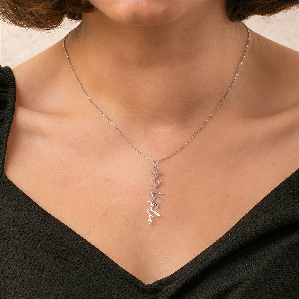 Goldstore-14K 18K Solid Gold Custom Dainty Birth Flower Necklace, Minimal Floral Name Pendant, Personalized Name Necklace, Perfect Gift For Her