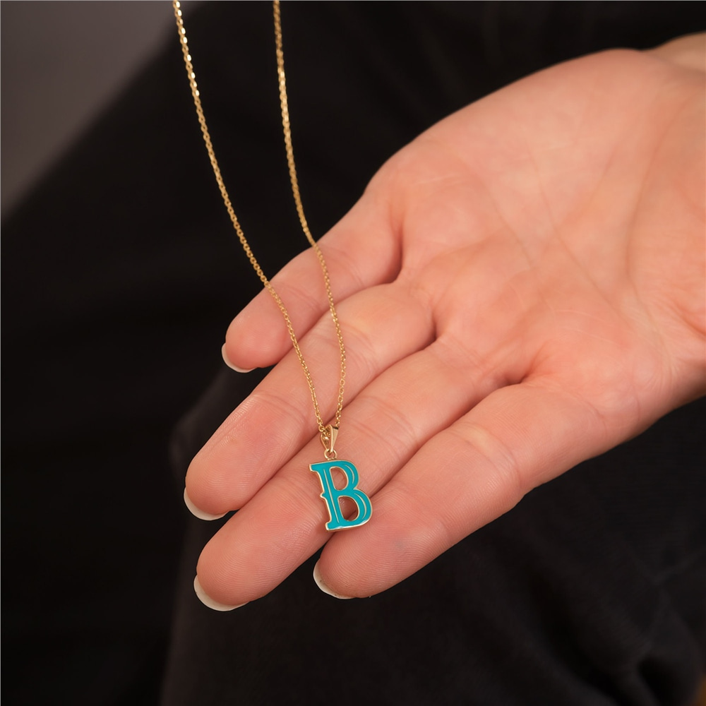 Goldstore-14K 18K Solid Gold Custom Enamel Initial Letter Necklace, Multicolor Enamel Letter Pendant, Elegant Name Initial Charm, Cute Gift For Her