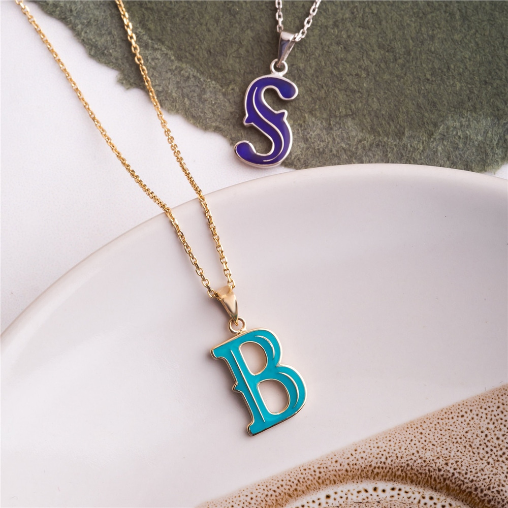 Goldstore-14K 18K Solid Gold Custom Enamel Initial Letter Necklace, Multicolor Enamel Letter Pendant, Elegant Name Initial Charm, Cute Gift For Her