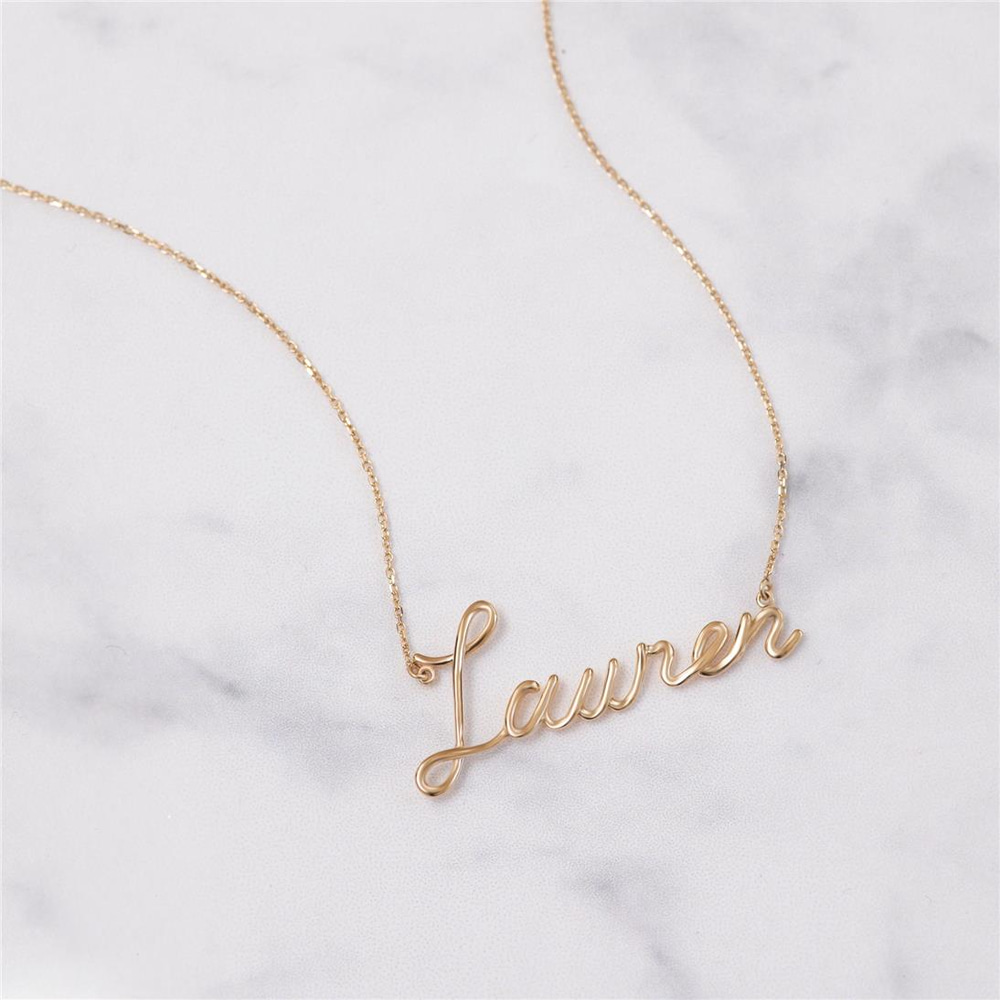 Goldstore-14k 18K Solid Gold Custom Name Wire Necklace, Personalized Name Real Gold Necklace, Your Word Unique Name Necklace Gift For Her Anniversary