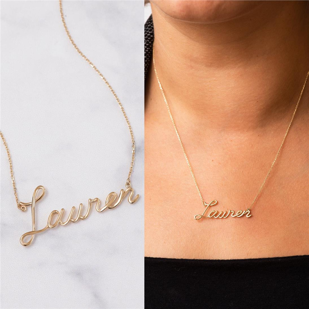 Goldstore-14k 18K Solid Gold Custom Name Wire Necklace, Personalized Name Real Gold Necklace, Your Word Unique Name Necklace Gift For Her Anniversary