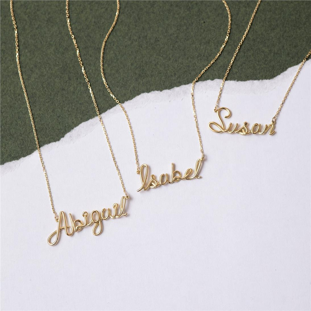 Goldstore-14k 18K Solid Gold Custom Name Wire Necklace, Personalized Name Real Gold Necklace, Your Word Unique Name Necklace Gift For Her Anniversary