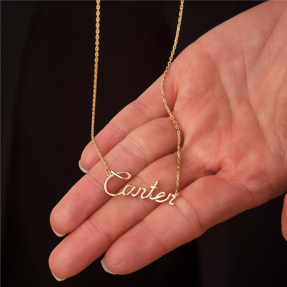 Goldstore-14k 18K Solid Gold Custom Name Wire Necklace, Personalized Name Real Gold Necklace, Your Word Unique Name Necklace Gift For Her Anniversary