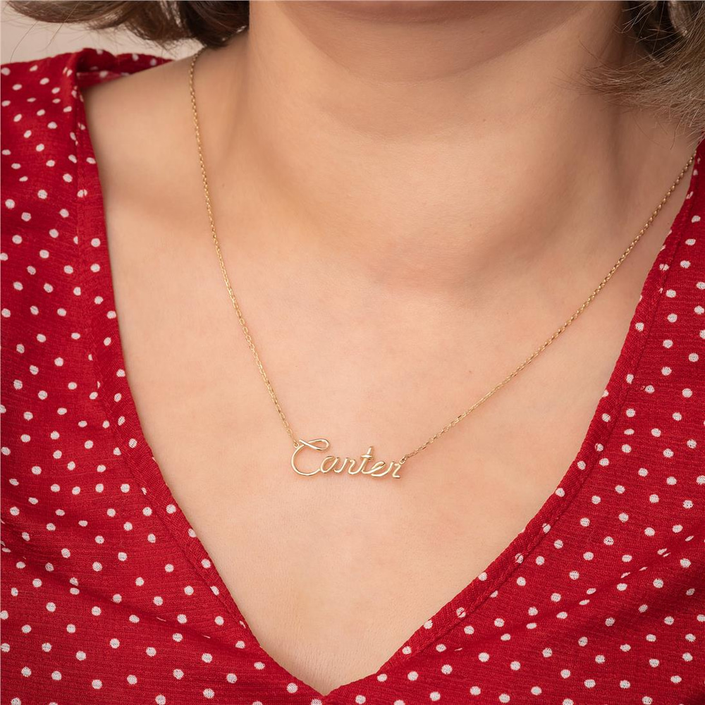Goldstore-14k 18K Solid Gold Custom Name Wire Necklace, Personalized Name Real Gold Necklace, Your Word Unique Name Necklace Gift For Her Anniversary