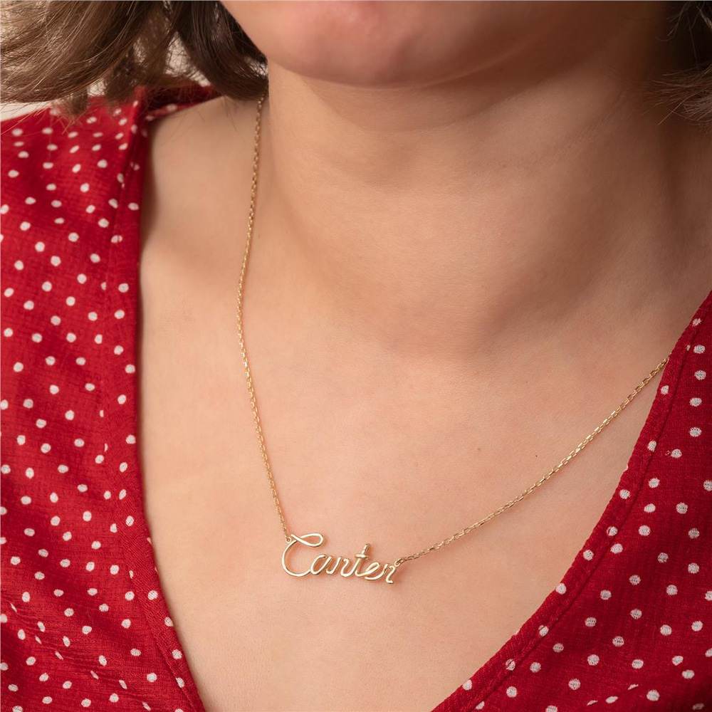 Goldstore-14k 18K Solid Gold Custom Name Wire Necklace, Personalized Name Real Gold Necklace, Your Word Unique Name Necklace Gift For Her Anniversary