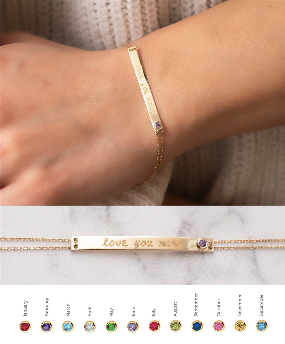 Goldstore-14k 18k Solid Gold Custom Name Engrave Bar Bracelet, Elegant Personalized Custom Birthstone Bracelet is Great Gift For Her. Valentine's Gift
