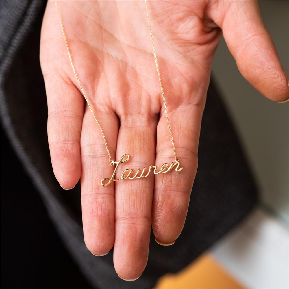 Goldstore-14k 18K Solid Gold Custom Name Wire Necklace, Personalized Name Real Gold Necklace, Your Word Unique Name Necklace Gift For Her Anniversary