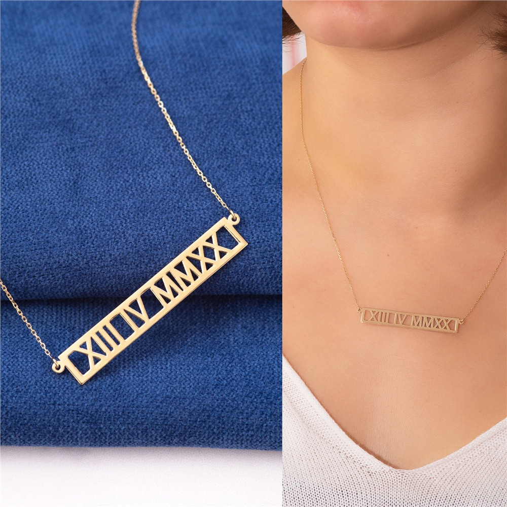 Goldstore-14k 18k Solid Gold Custom Roman Numeral Necklace, Personalized Wedding Keepsake Date Coordinates Necklace, Horizontal Necklace Gift for Her